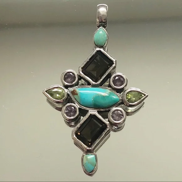 Turquoise Amethyst Peridot Topaz Sterling Silver Pendant - Picture 4 of 11
